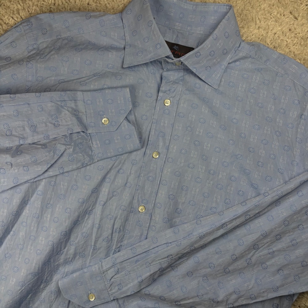 Etro Mens Button Down Shirt 43 Blue Floral Geometric Long Sleeve Italian Luxury